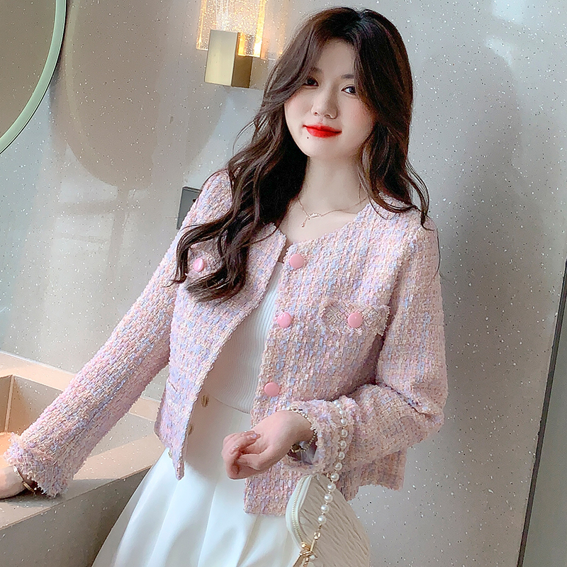 Womens Jackets Korean Female Pink Plaid Tweed Jacket Coat Women Fashion Temperament Clothing Outerwear Coats 230215
