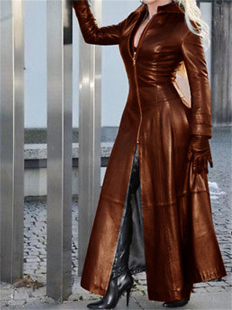 Women's Blue Faux Leather Long Coat: Stylish And Elegant For The Modern Office Lady