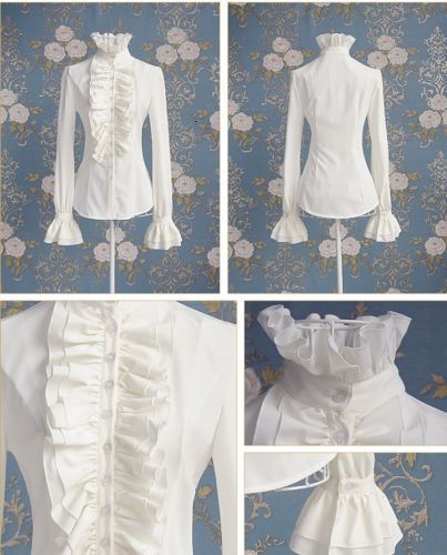 Womens Blouses Shirts Victorian Flounce Blouse Women OL Office Ladies Business White Shirt High Neck Frilly Ruffle Cuffs Female 230214