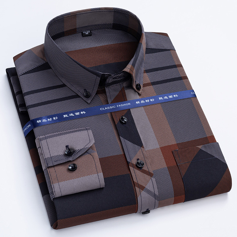 Mens Casual Shirts Dress Spring Autumn Latest Noniron Antiwrinkle Business Print Thin Plaid Slim Fit chemise homme 230214