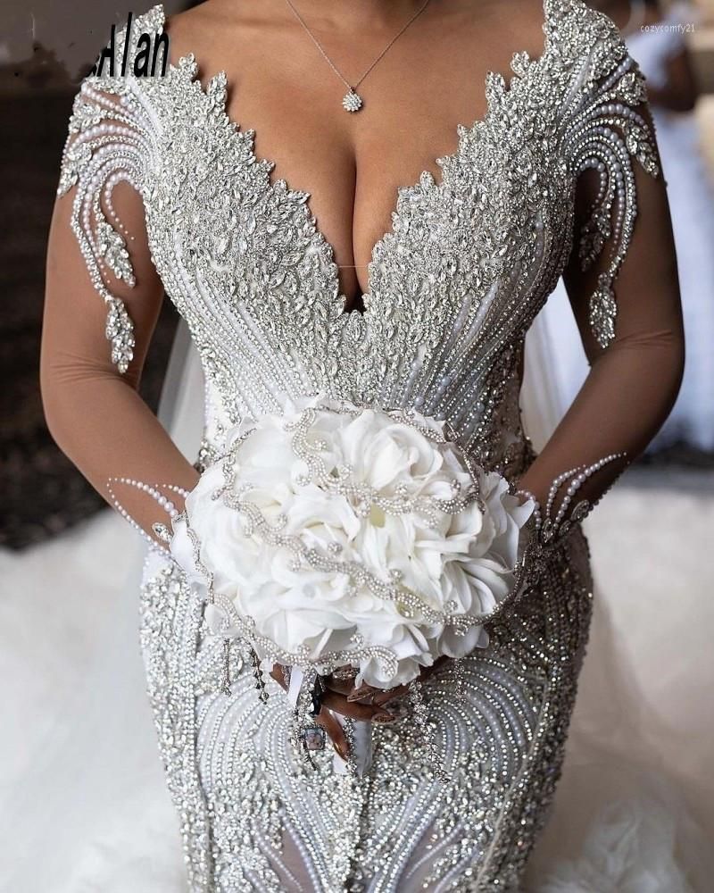 Wedding Dresses Mermaid Bridal Gown Beaded Crystals Long Sleeves Ruffles Deep V Neck Chapel Train Custom Made Vestidos De Novia Plus Size Estidos