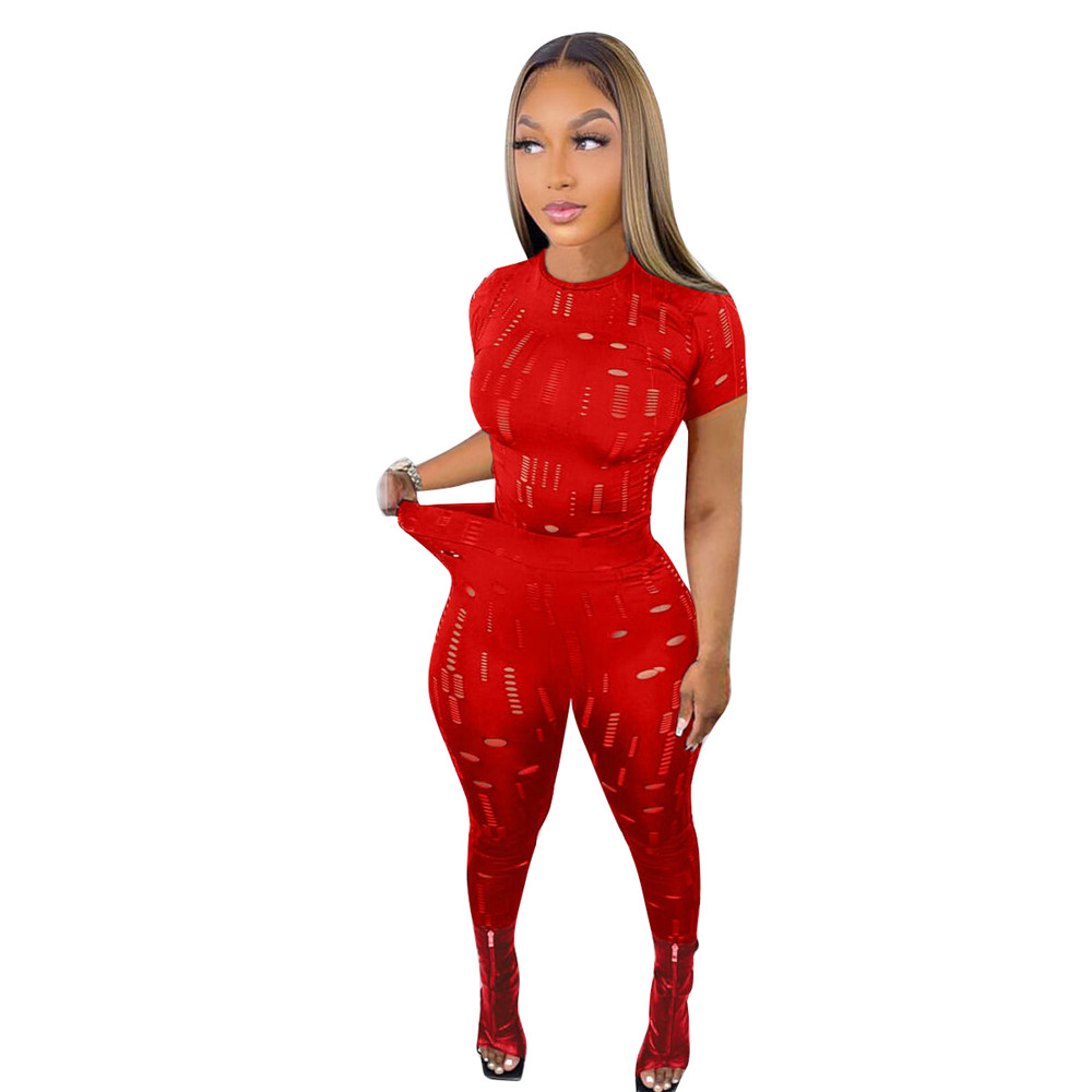 Designer Tracksuits Summer Two Piece Sets Womens Outfits Ripped Sprotswear Short Sleeve Pullover T-shirt and Pants Casual holes Sports suits 9272