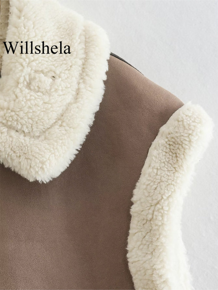 Women's Vests Willshela Women Fashion Splice Vest Front Zipper Vintage Lapel Neck Sleeveless Jacket Chic Lady Warm Waistcoat Outfits 230215