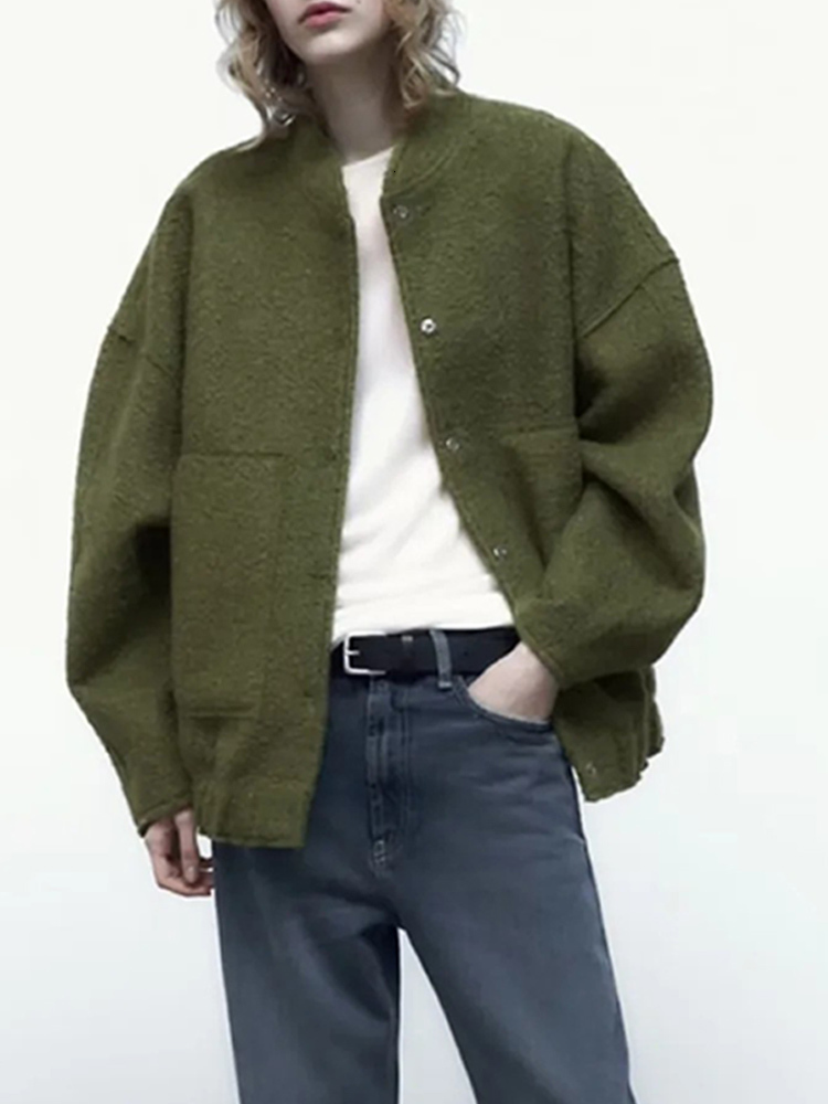 Women's Jackets Gray Bomber For Women 2023 Spring Casual Pocket Zipper Coat Vintage Long Sleeve Button Female Outerwear Chic Overshirt 230215