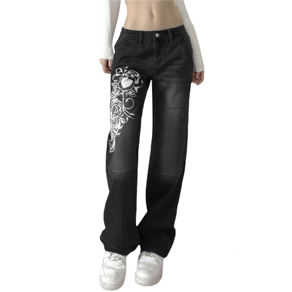 Women's Jeans Women Low Waisted Y2k Graphic Denim Jeans Casual Loose Straight Bell Bottom Bootcut Leggings Streetwear Baggy Denim Pants 230215