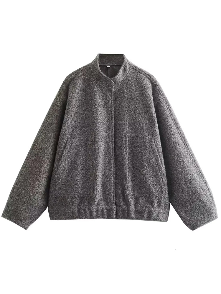 Women's Jackets Gray Bomber For Women 2023 Spring Casual Pocket Zipper Coat Vintage Long Sleeve Button Female Outerwear Chic Overshirt 230215