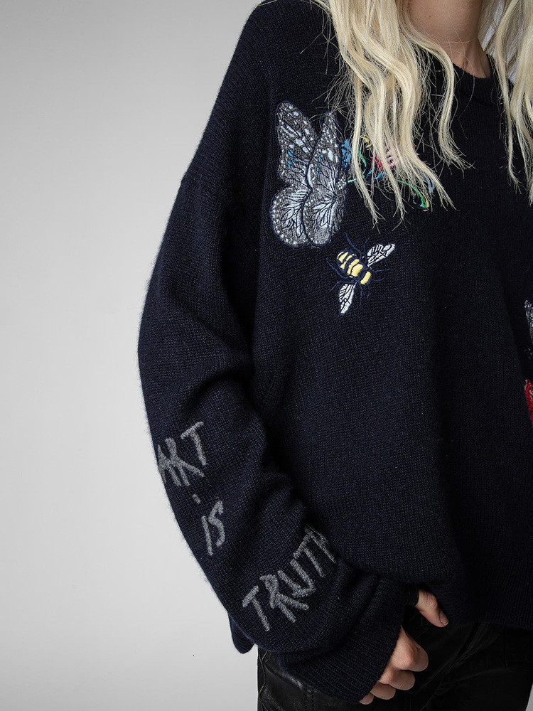 Womens Sweater Butterfly Flower Letter Embroidery Sweater 100% Cashmere Long Sleeve Ladies Jumper Autumn Winter Round Neck Top 230214