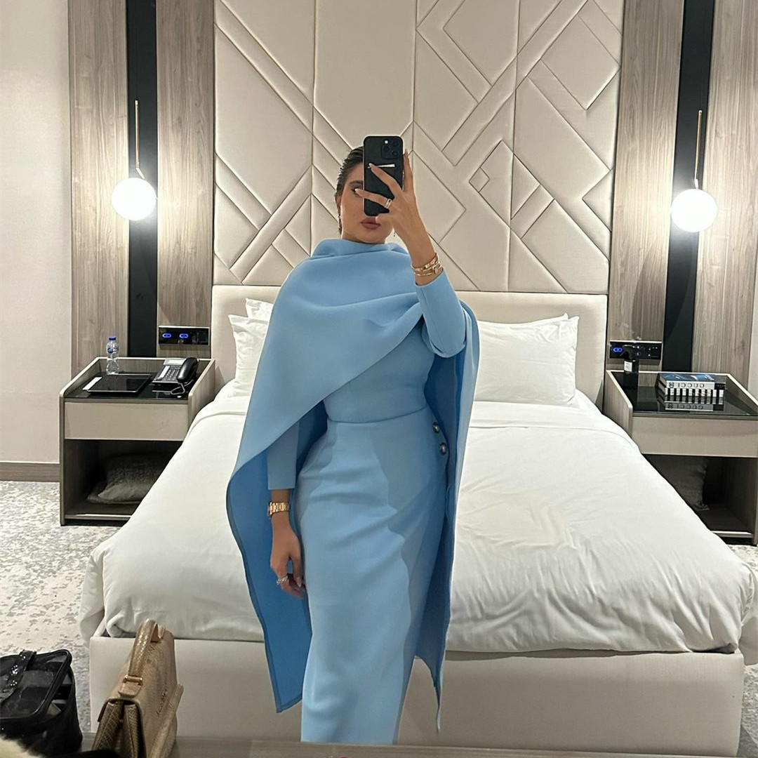 Blue Sky Mother of the Bride Dresses with Cape Sheath Tea Length Prom Gown for Special Occasions Long Sleeve Muslim Formal Dress