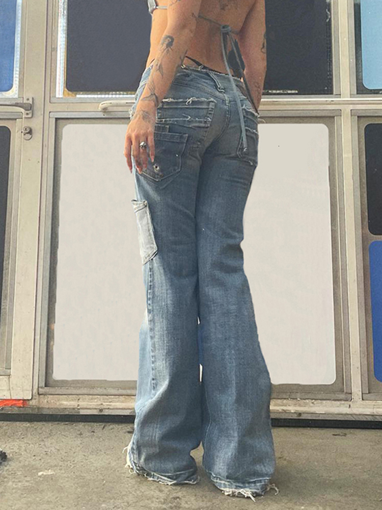 Women's Jeans Weekeep Vintage Star Jeans Pocket Stitching Straight Denim Pants Women y2k Streetwear Casual Trousers Harajuku Low Rise Capris 2302