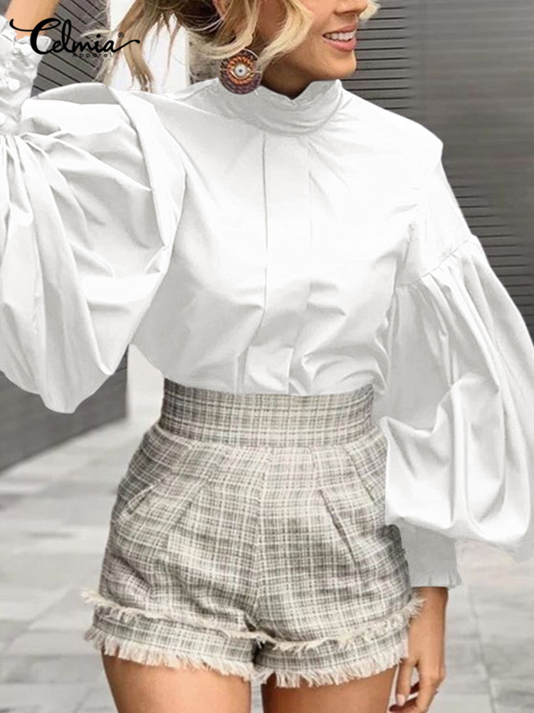 Women's Blouses Shirts Celmia Big Lantern Sleeve Women Blouses Elegant Streetwear Party White Shirts Fashion Stand Collar Casual Loose Blusas Top