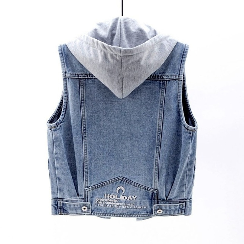 Womens Vests Women Denim Spring Autumn Clothes Sleeveless Wild Tops Blue Short Hooded Jacket Jeans Vest Female Waistcoat 230215