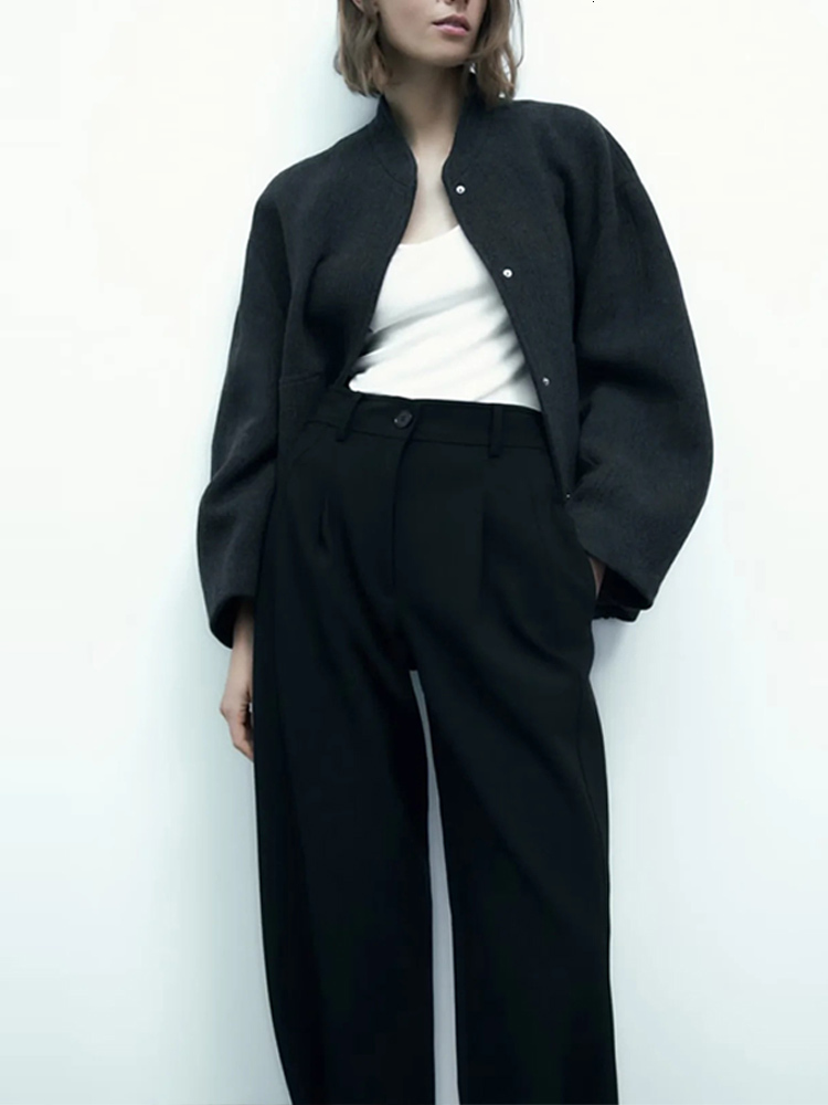 Women's Jackets Gray Bomber For Women 2023 Spring Casual Pocket Zipper Coat Vintage Long Sleeve Button Female Outerwear Chic Overshirt 230215