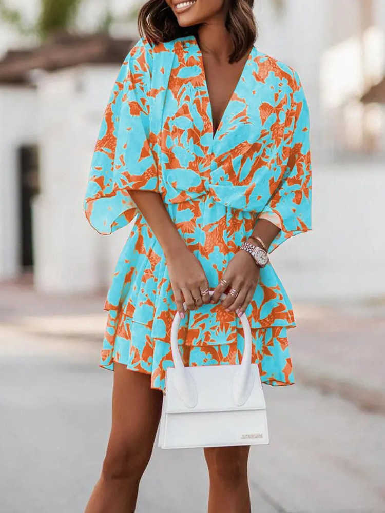 Casual Dresses Tropical Print Twist Design Casual Dress Women Batwing Half Sleeve Summer Dress T230210