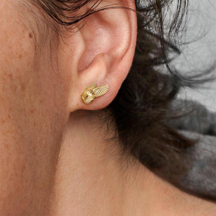 100 925 Sterling Silver Golden Snitch Stud Earrings Pave Cubic Zirconia Fashion Women Wedding Engagement Jewelry Accessories219d