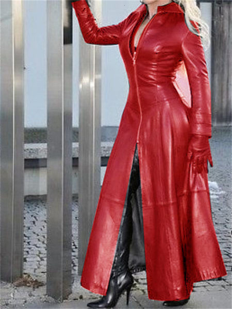 Women's Blue Faux Leather Long Coat: Stylish And Elegant For The Modern Office Lady