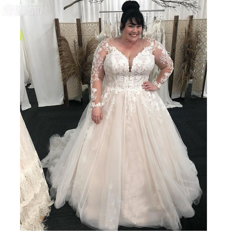 ZJ9268 Long Sleeves Wedding Dresses Lace Floral Scoop Neck civil Illusion Buttons Back Bridal Gowns