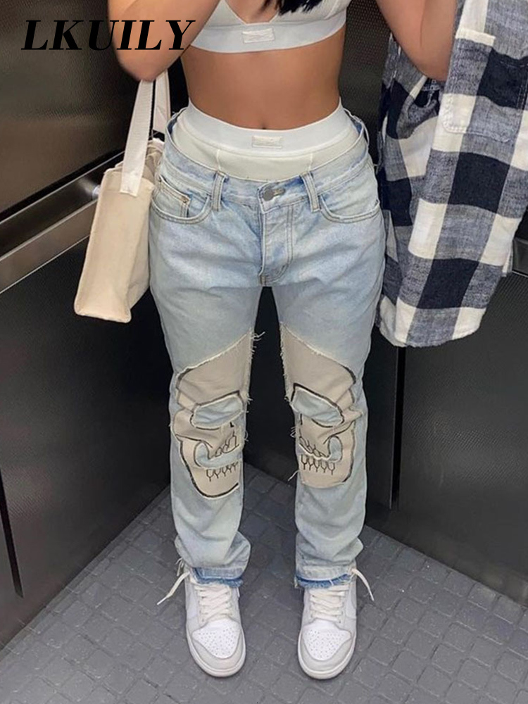 Women's Jeans Skull Vintage Printed Jeans Women High Waist Y2K Streetwear 90S Baggy Jeans Pants Denim Trousers Harajuku Cargo Straight Jean 23021