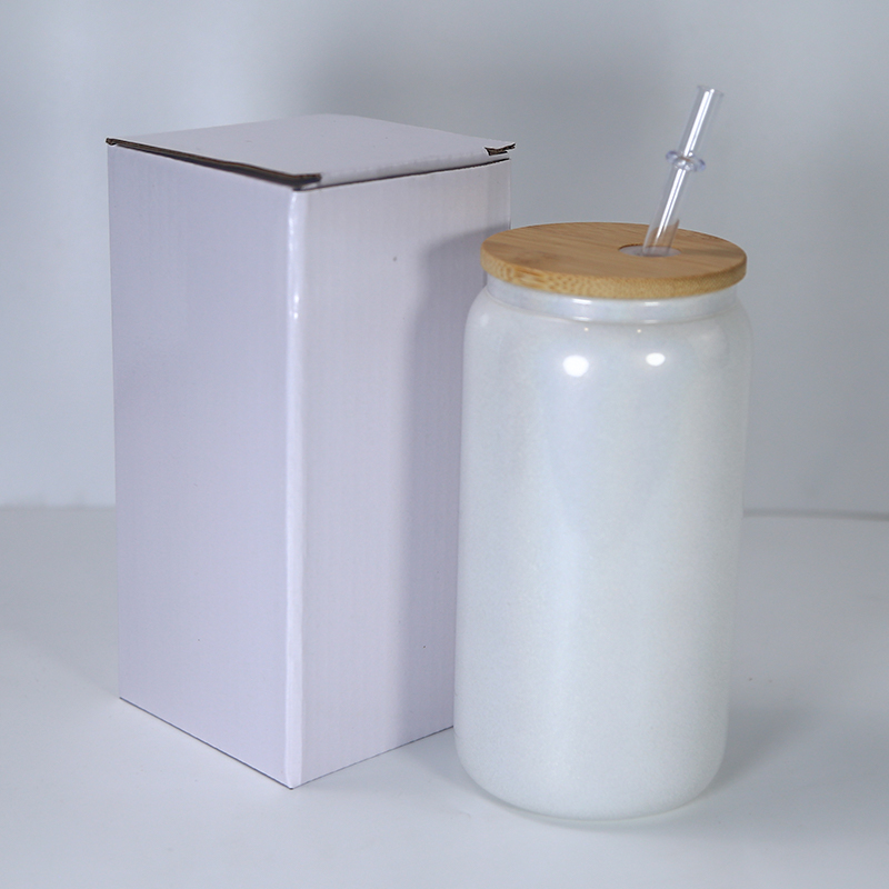 sublimation 16oz glitter glass tumbler with bamboo lid reusable straw shimmer glass tumblers beer Can Soda Can Cup drinking cups