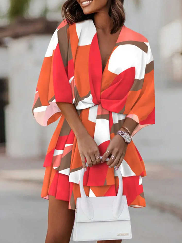 Casual Dresses Tropical Print Twist Design Casual Dress Women Batwing Half Sleeve Summer Dress T230210