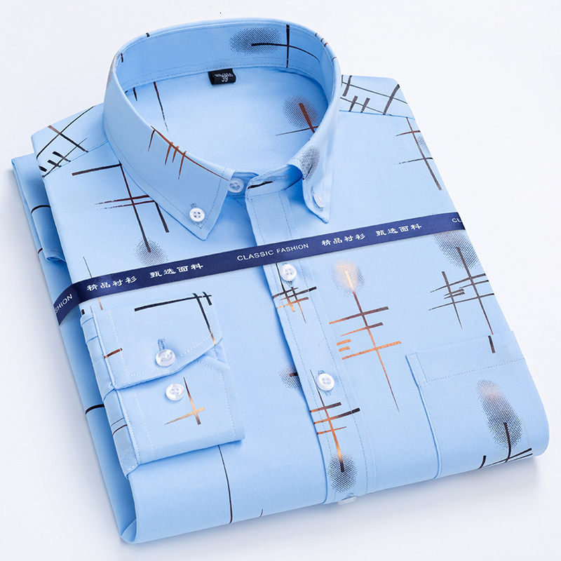 Mens Casual Shirts Dress Spring Autumn Latest Noniron Antiwrinkle Business Print Thin Plaid Slim Fit chemise homme 230214