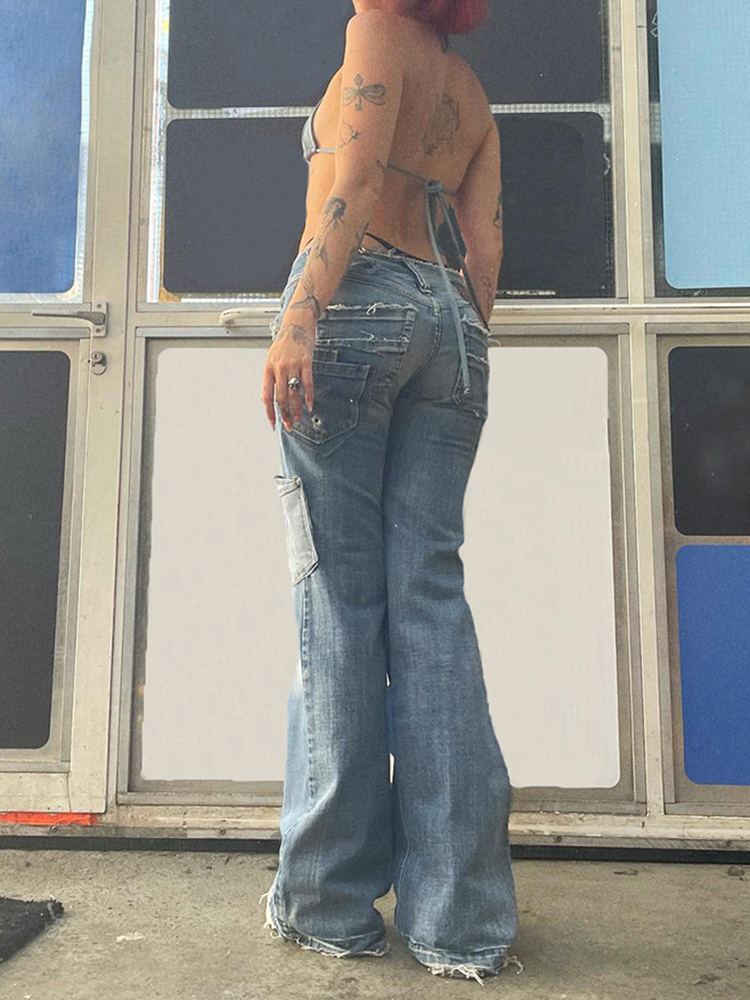 Women's Jeans Weekeep Vintage Star Jeans Pocket Stitching Straight Denim Pants Women y2k Streetwear Casual Trousers Harajuku Low Rise Capris 2302