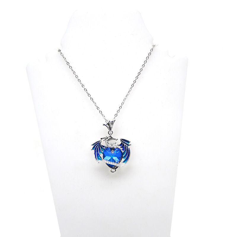 Unique Fashion Blue Heart Crystal Dragon Necklace for Women Charm Birthstone Flying Dragon Pendant Necklace Animal Jewelry Gift