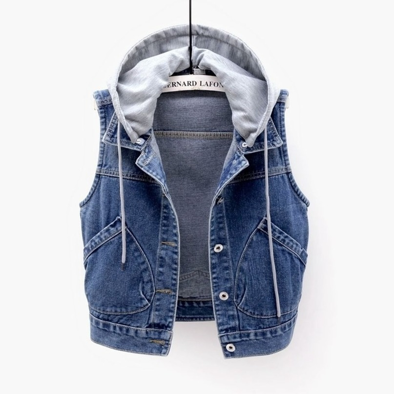 Womens Vests Women Denim Spring Autumn Clothes Sleeveless Wild Tops Blue Short Hooded Jacket Jeans Vest Female Waistcoat 230215