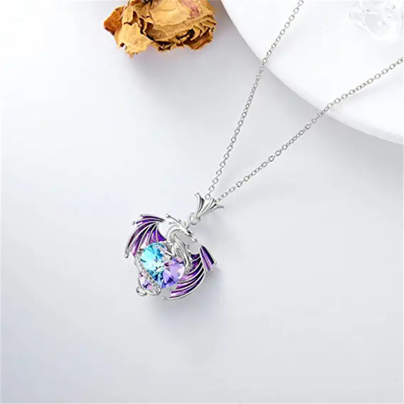 Unique Fashion Blue Heart Crystal Dragon Necklace for Women Charm Birthstone Flying Dragon Pendant Necklace Animal Jewelry Gift