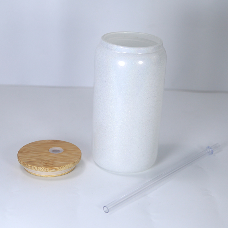 sublimation 16oz glitter glass tumbler with bamboo lid reusable straw shimmer glass tumblers beer Can Soda Can Cup drinking cups