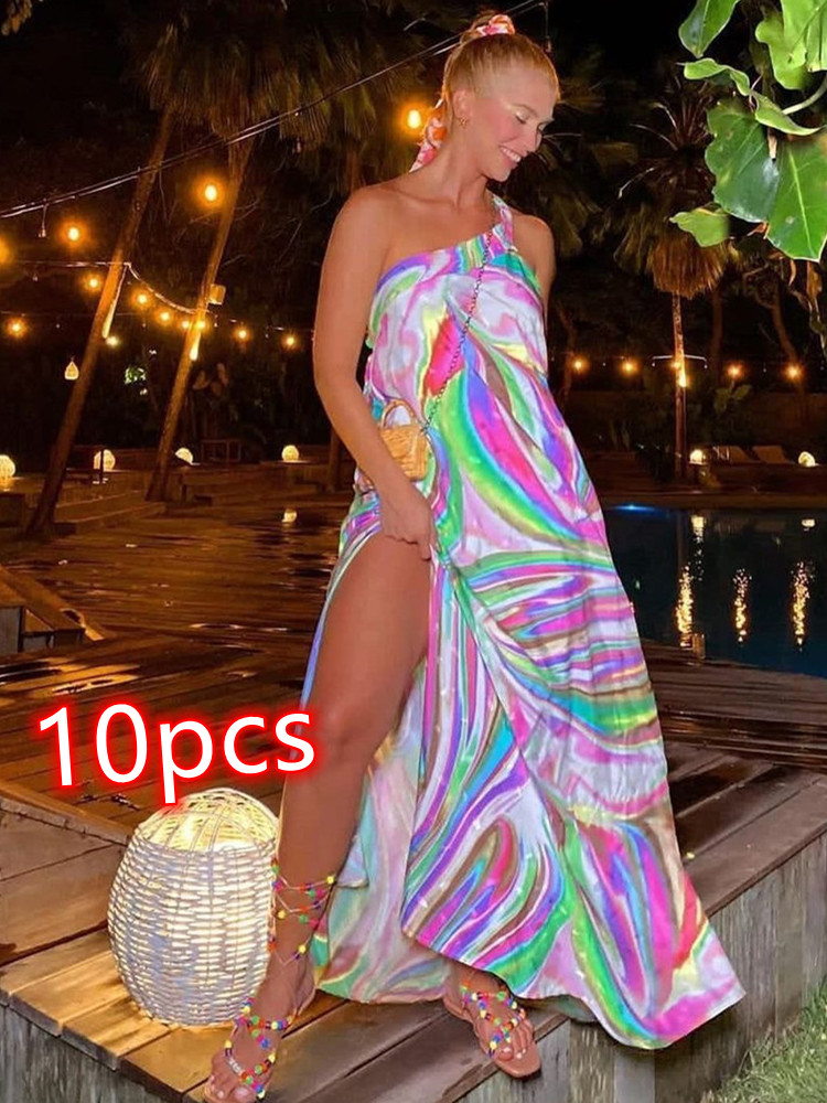 2023 Designer Beach Dresses Women Summer Sexy Backless Loose Dress Casual Side Open Print Long Dress Bohemian Holidays Wear Wholesale Clothes 9269