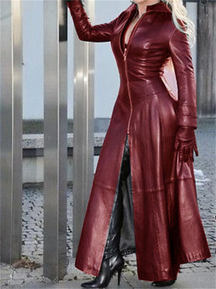 Women's Blue Faux Leather Long Coat: Stylish And Elegant For The Modern Office Lady