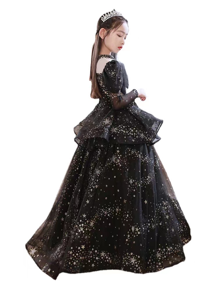 Lovely Black flower girl dress Girls Pageant Gowns 2023 Gold Sequins Tulle Ball Gown Kids Formal Dresses For Wedding Baby crystal birthday party gown