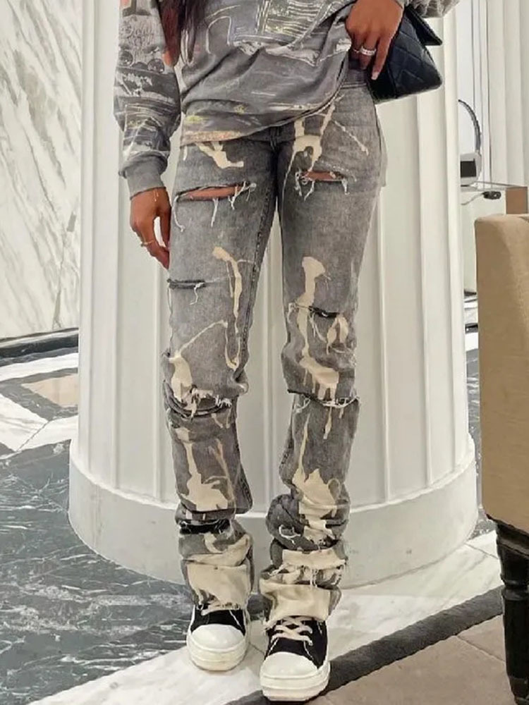 Women's Jeans Sifreyr Fashion Cotton Hole Jeans Women Y2K Stacked Pants Casual Chic Print Ripped Denim Skinny Trousers Gray Elastic Slim Jeans 23
