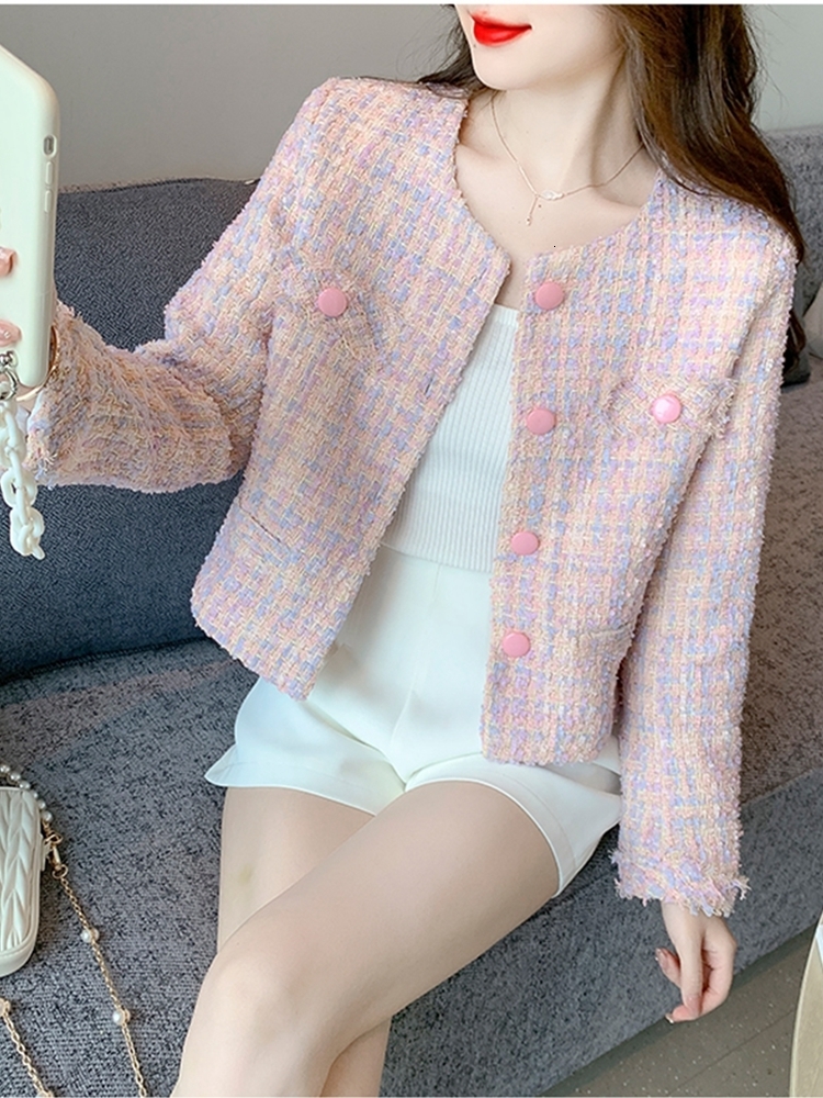 Womens Jackets Korean Female Pink Plaid Tweed Jacket Coat Women Fashion Temperament Clothing Outerwear Coats 230215