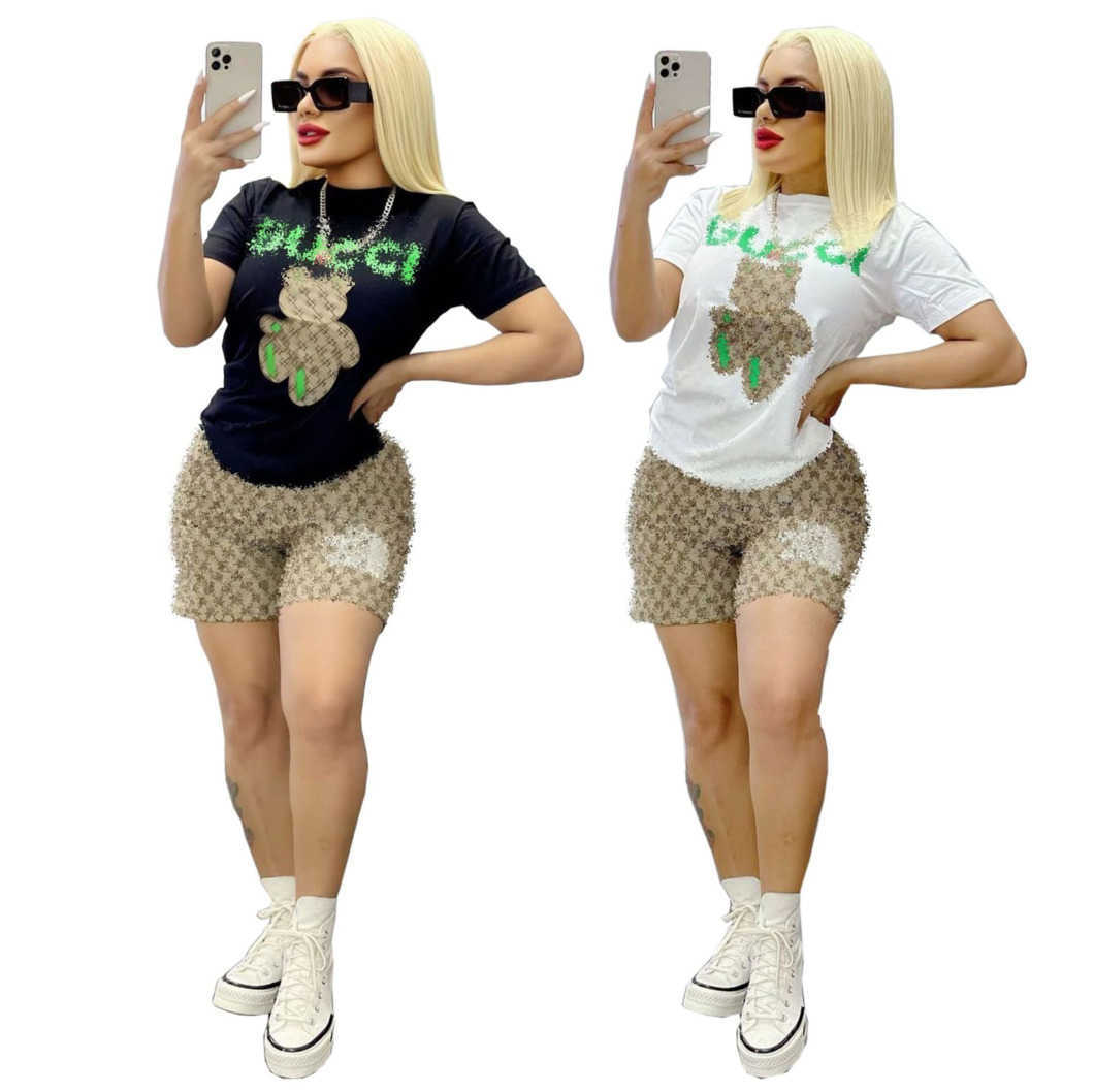 women's 2023 summer Printed short-sleeved shorts two-piece set women sports tracksuits sport suits pants with pockets, White9
women's 2023 summer Printed short-sleeved shorts two-piece set women sports tracksuits sport suits pants with pockets, White9