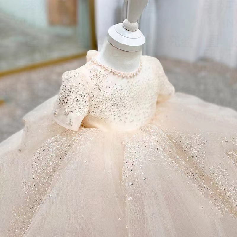 Arabic Floral Lace Flower Girl Dresses Ball Gowns Child Pageant Dresses Long Train Beautiful Little Kids Flower Girl Dress beaded crystal Formal gown 