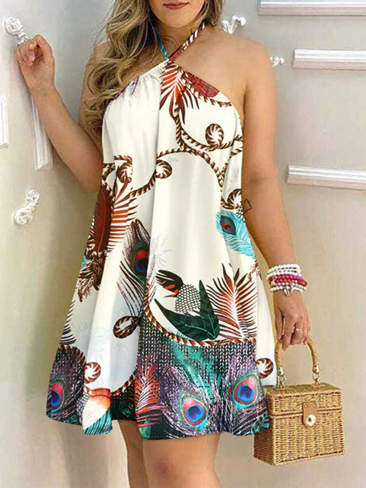 Casual Dresses Peacock Print Halter Backless Sleeveless Casual Summer Dress Women T230210