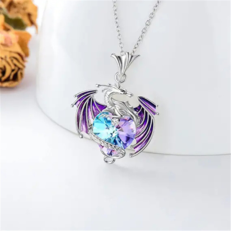 Unique Fashion Blue Heart Crystal Dragon Necklace for Women Charm Birthstone Flying Dragon Pendant Necklace Animal Jewelry Gift