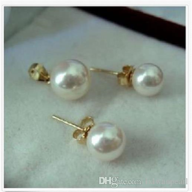 Stud perfect round 7-8 mm white south sea pearls earring pendant SET 14K