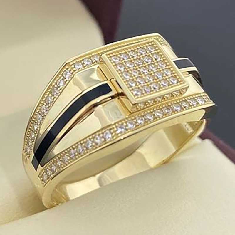 Band Rings Business Men's Gold Colors Inlaid Zircon Stones Wedding Rings for Men Noble Temperament Engagement Party Jewelry Gift G230213