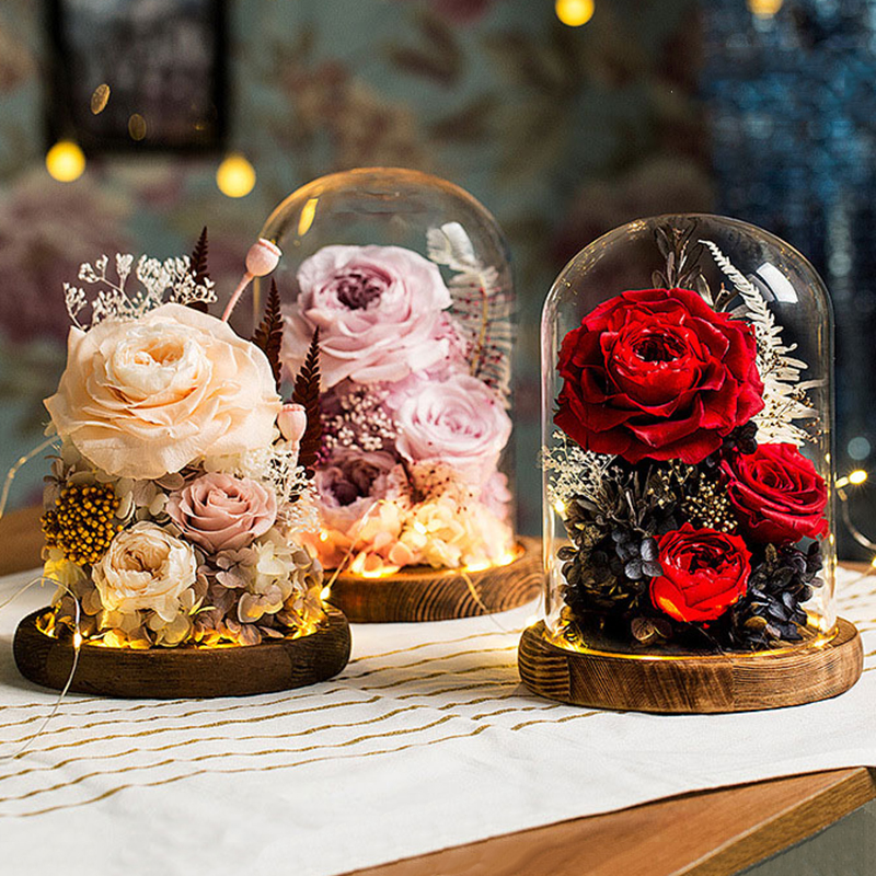 Eternal Rose Flower With Glass Cover Holder Gift Decoration Flower Valentines Mother Day Preserved Immortal Roses Flower Flor De Rosa Eterna Con Cubie