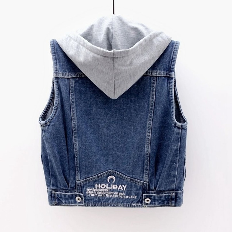 Womens Vests Women Denim Spring Autumn Clothes Sleeveless Wild Tops Blue Short Hooded Jacket Jeans Vest Female Waistcoat 230215