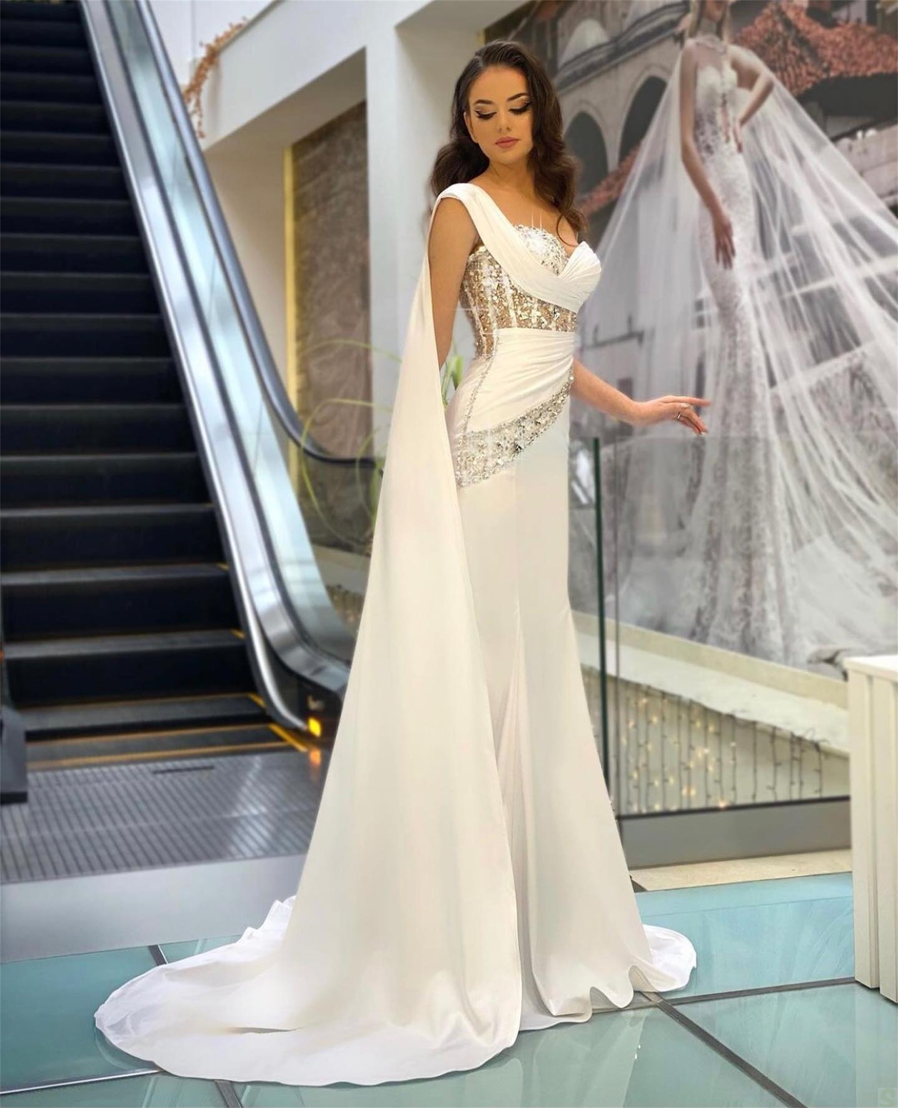 Summer Crystal Mermaid Wedding Dress Sparkly One Shoulder Beading Backless Bridal Gowns Vestido De Casamento