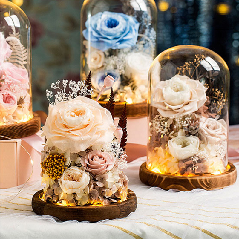 Eternal Rose Flower With Glass Cover Holder Gift Decoration Flower Valentines Mother Day Preserved Immortal Roses Flower Flor De Rosa Eterna Con Cubie