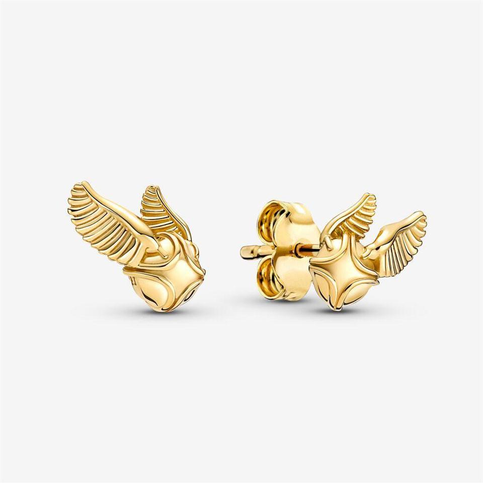 100 925 Sterling Silver Golden Snitch Stud Earrings Pave Cubic Zirconia Fashion Women Wedding Engagement Jewelry Accessories219d