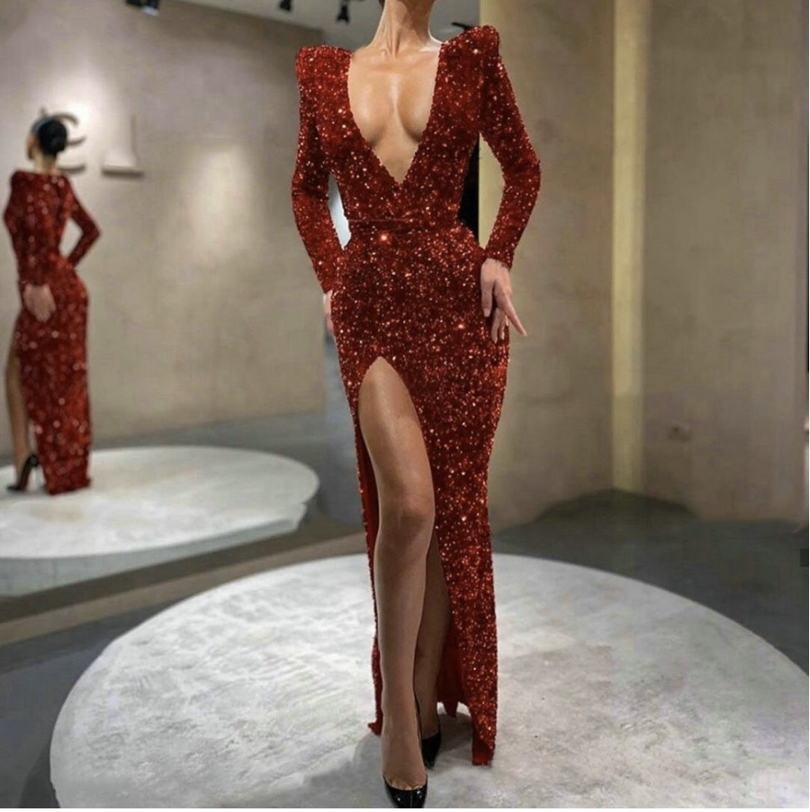 Black Mermaid Gown Sexy Slim Fit Custom Made Women Evening Dresses Long Sleeves Sequined Side Split Robe De Soiree Free shipping
