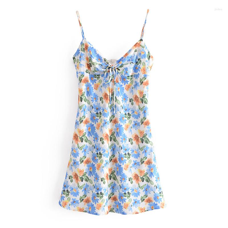 Casual Dresses YENKYE Vintage Daisy Print Sexy Sling Dress Women Bow Tie V Neck Sleeveless Holiday Beach Female Summer Short Vestido