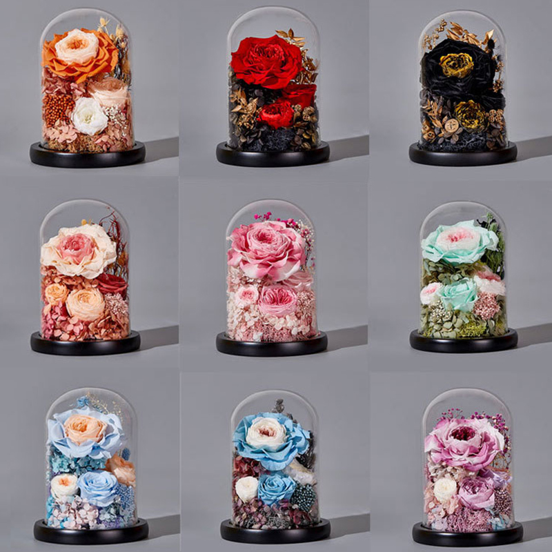 Eternal Rose Flower With Glass Cover Holder Gift Decoration Flower Valentines Mother Day Preserved Immortal Roses Flower Flor De Rosa Eterna Con Cubie