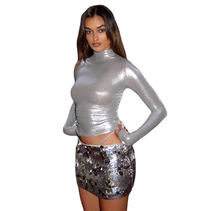 Women's T-Shirt 2023 Women's Spring summer T-shirt New Top Fashion shirts Bright Gold Stamping Long Sleeve Pullover Slim