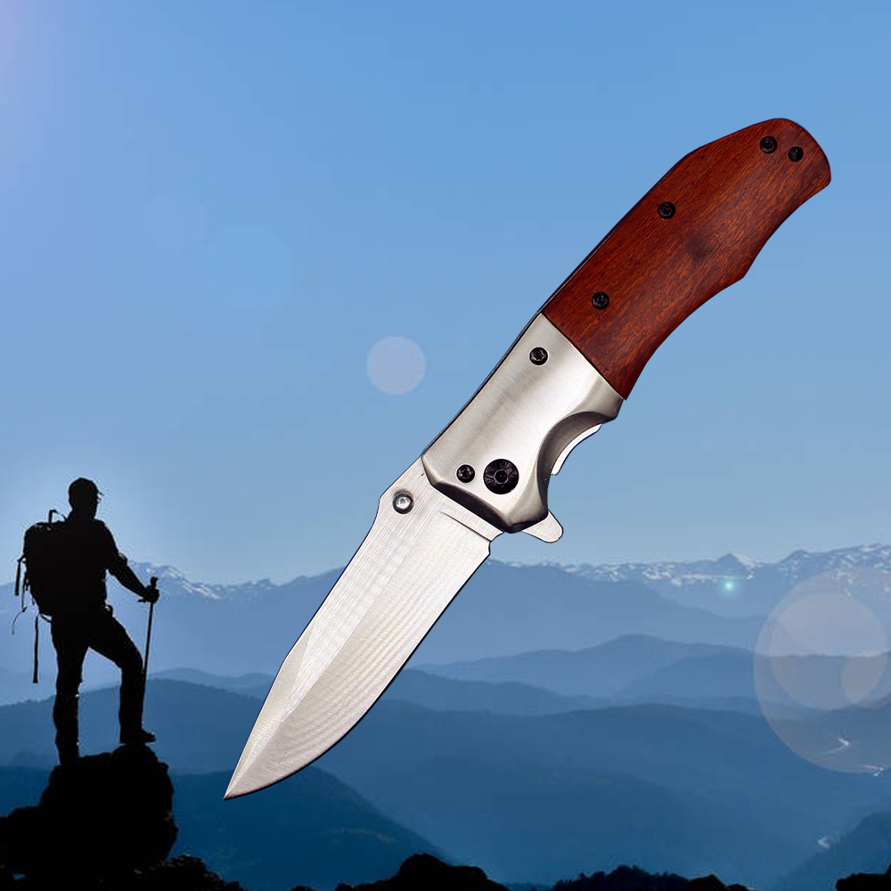 MDA51 Assisted Flipper Folding Knife 440C Satin Drop Point Blade Wood Handle Outdoor Camping Hiking Survival Tactical Knives